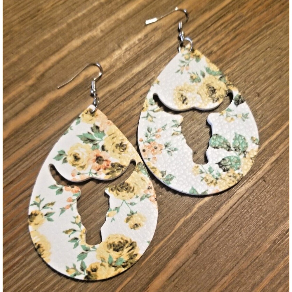 Yellow Flower Cow Skull Cut Out Drop Dangle Hook Earrings Southwest Cowgirl